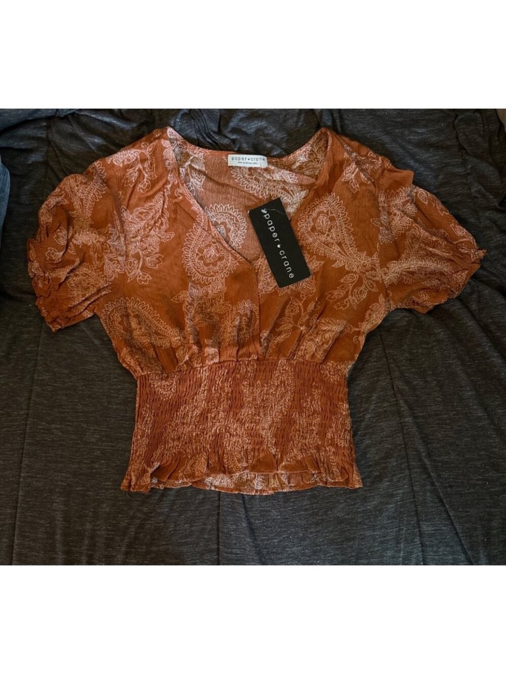 Paper Crane Womens Smocked Waist Boho Crop Top Rust Paisley Print S